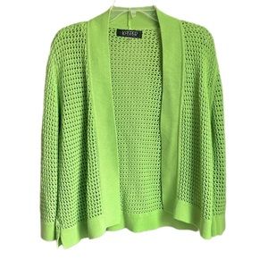 KASPER Women's PL Petite Large Lime Green Crochet Knit Mesh Cardigan Sweater